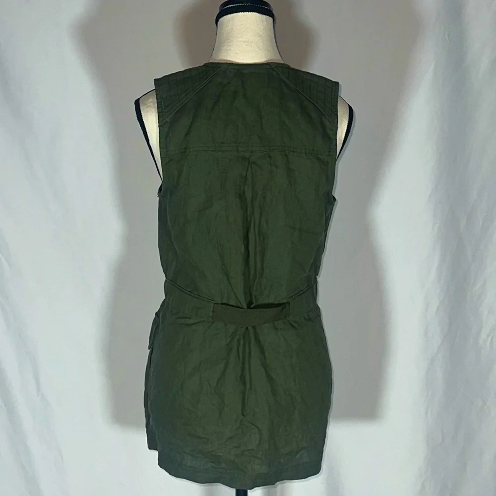 Athleta Linen Vest Top Army Green XS Zip Up Tie Waist Pockets Military Biker - Picture 3 of 8